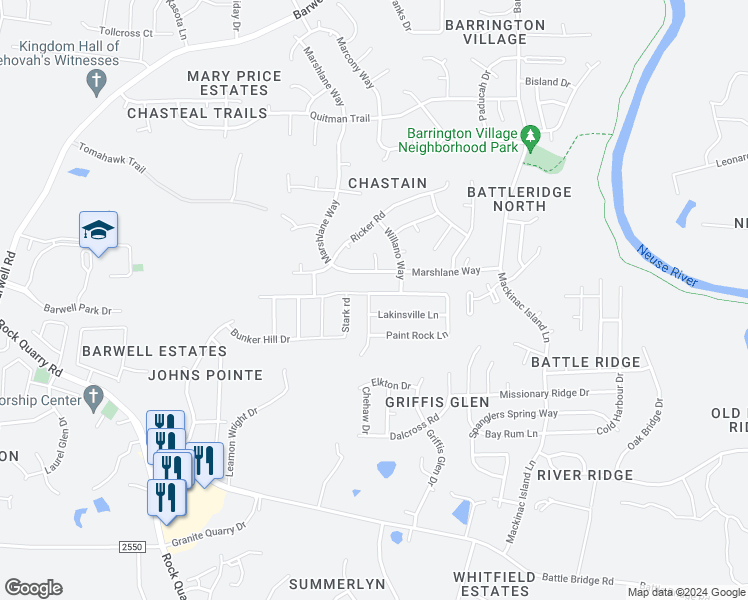 map of restaurants, bars, coffee shops, grocery stores, and more near 6802 Paint Rock Lane in Raleigh