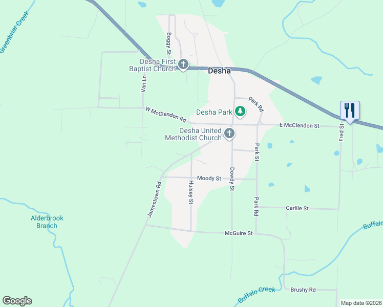 map of restaurants, bars, coffee shops, grocery stores, and more near 196 Jamestown Road in Desha
