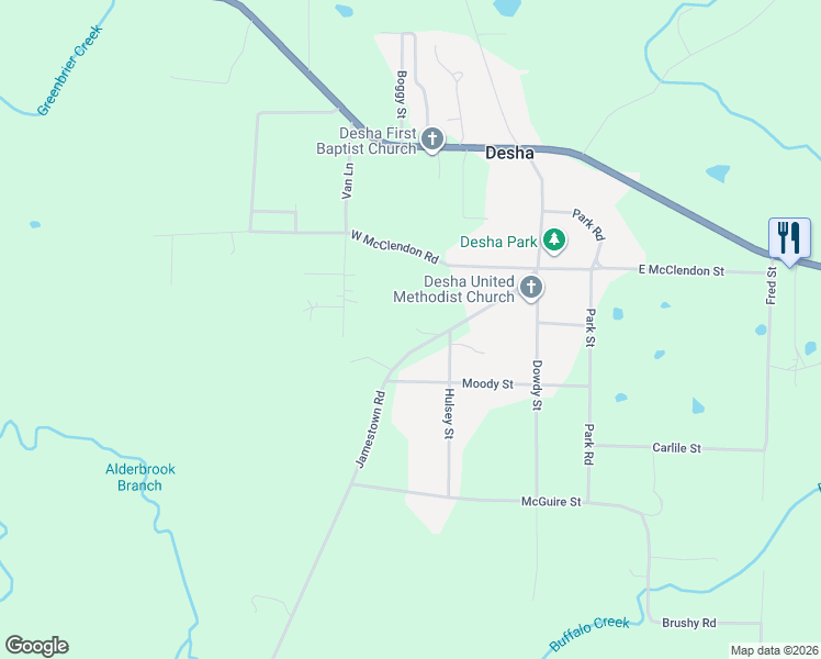 map of restaurants, bars, coffee shops, grocery stores, and more near 196-258 Jamestown Road in Desha