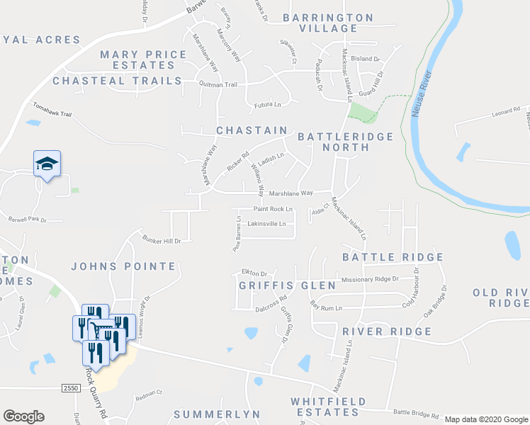 map of restaurants, bars, coffee shops, grocery stores, and more near 6824 Lakinsville Lane in Raleigh