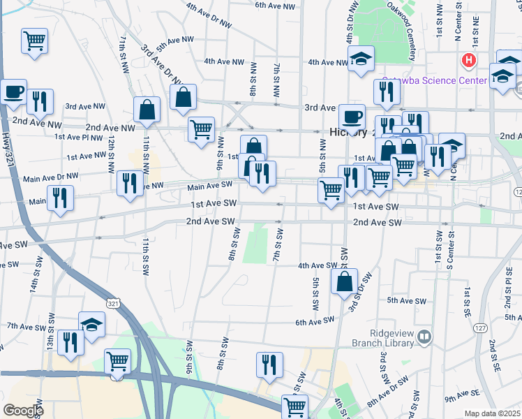 map of restaurants, bars, coffee shops, grocery stores, and more near 720-730 2nd Ave SW in Hickory