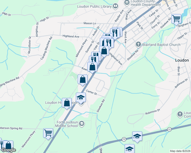 map of restaurants, bars, coffee shops, grocery stores, and more near 1108 Huffland Drive in Loudon