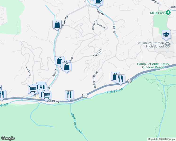 map of restaurants, bars, coffee shops, grocery stores, and more near 1787 Mountain Shadows Way in Gatlinburg