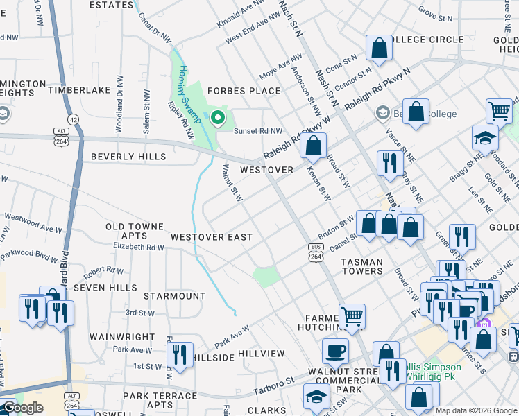map of restaurants, bars, coffee shops, grocery stores, and more near 411 Rountree St W in Wilson
