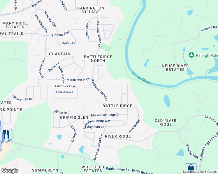 map of restaurants, bars, coffee shops, grocery stores, and more near 7100 Coral Seas Way in Raleigh