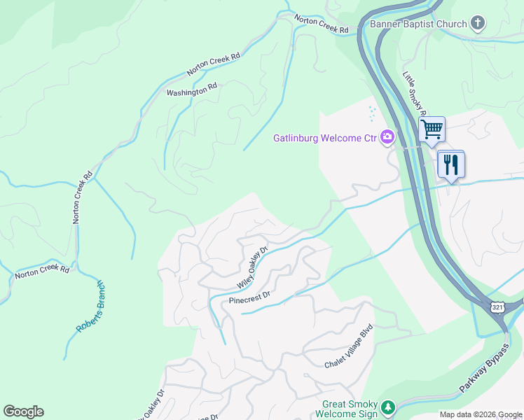 map of restaurants, bars, coffee shops, grocery stores, and more near 534 Greenbriar Lane in Gatlinburg