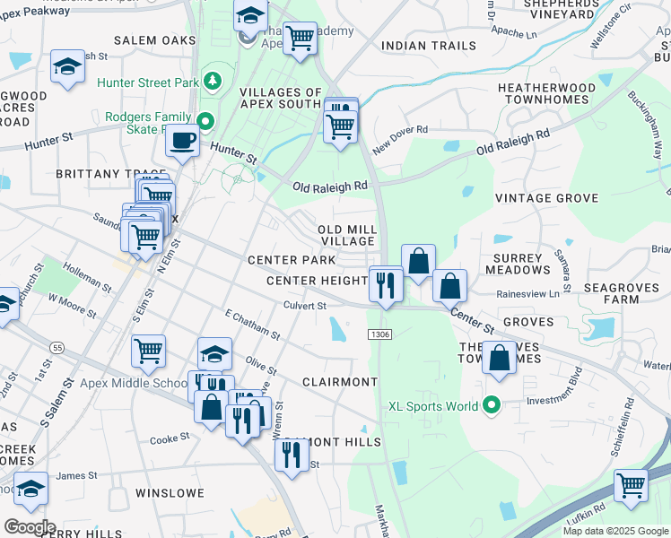 map of restaurants, bars, coffee shops, grocery stores, and more near 202 Grindstone Drive in Apex
