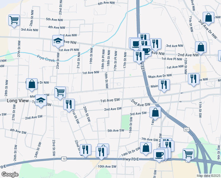 map of restaurants, bars, coffee shops, grocery stores, and more near Main Avenue Northwest in Hickory