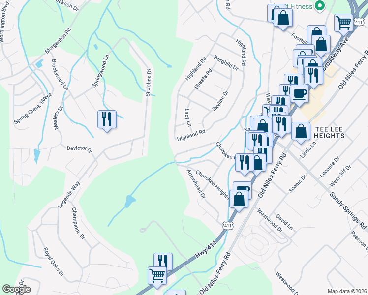 map of restaurants, bars, coffee shops, grocery stores, and more near 433 Cherokee Heights Drive in Maryville