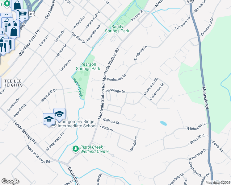 map of restaurants, bars, coffee shops, grocery stores, and more near 1511 Woodbury Court in Maryville