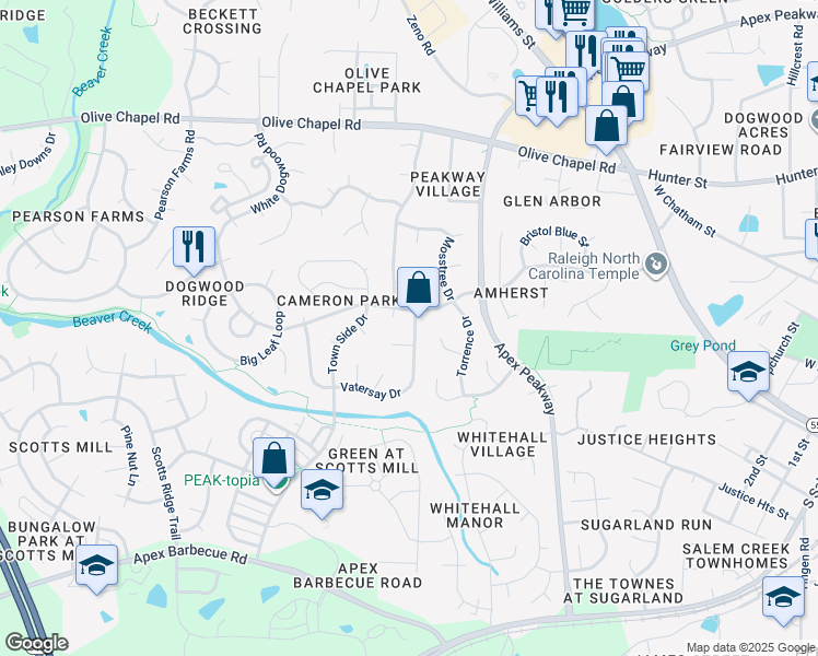 map of restaurants, bars, coffee shops, grocery stores, and more near 102 Stenness Court in Apex