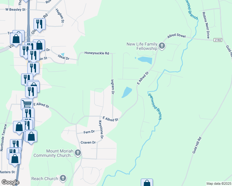 map of restaurants, bars, coffee shops, grocery stores, and more near 1098 Ingram Drive in Asheboro