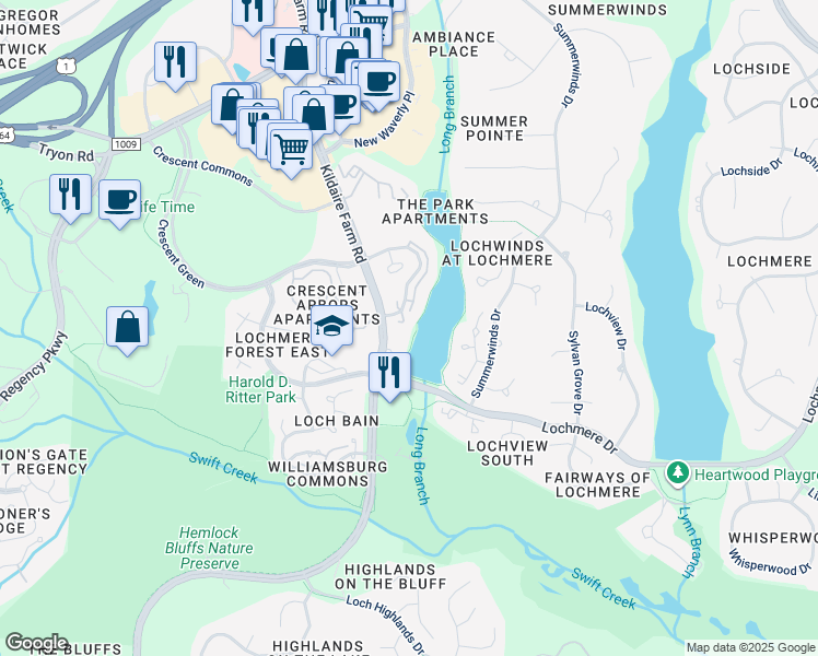 map of restaurants, bars, coffee shops, grocery stores, and more near 106 Lomond Lane in Cary