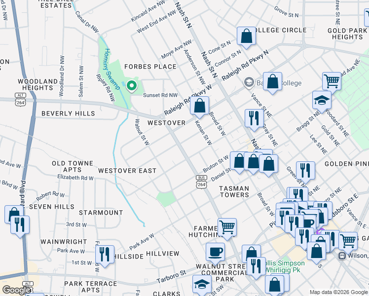 map of restaurants, bars, coffee shops, grocery stores, and more near 802 Hines Street West in Wilson