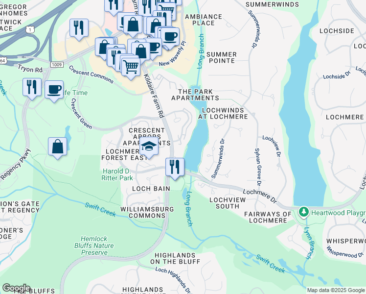 map of restaurants, bars, coffee shops, grocery stores, and more near 106 Lomond Lane in Cary