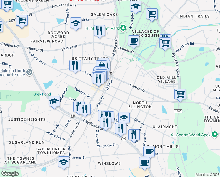 map of restaurants, bars, coffee shops, grocery stores, and more near 126 North Salem Street in Apex