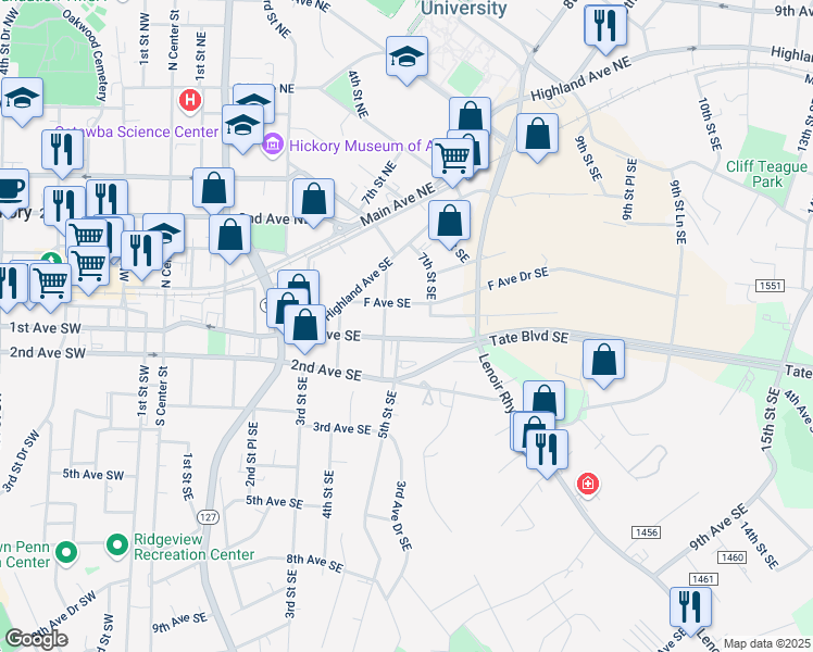 map of restaurants, bars, coffee shops, grocery stores, and more near 516-606 State Road 1551 in Hickory