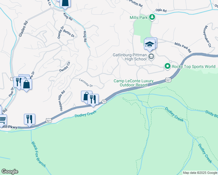 map of restaurants, bars, coffee shops, grocery stores, and more near 221 Woodland Road in Gatlinburg