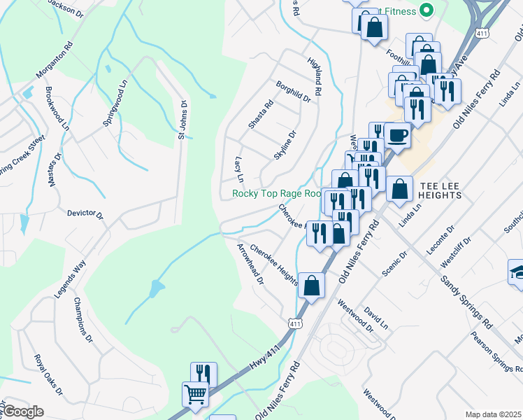map of restaurants, bars, coffee shops, grocery stores, and more near 2052 Highland Road in Maryville