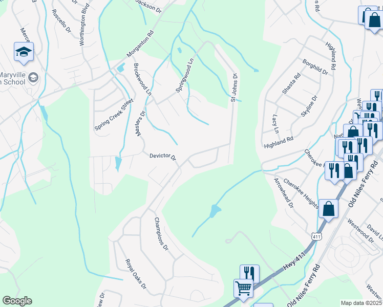 map of restaurants, bars, coffee shops, grocery stores, and more near 4411 Legends Way in Maryville