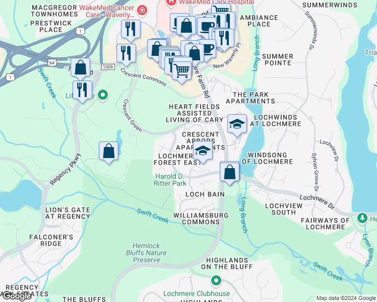 map of restaurants, bars, coffee shops, grocery stores, and more near 111 Ayelsford Drive in Cary