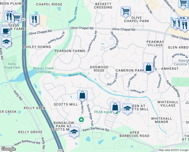 map of restaurants, bars, coffee shops, grocery stores, and more near 1319 Pendula Path in Apex