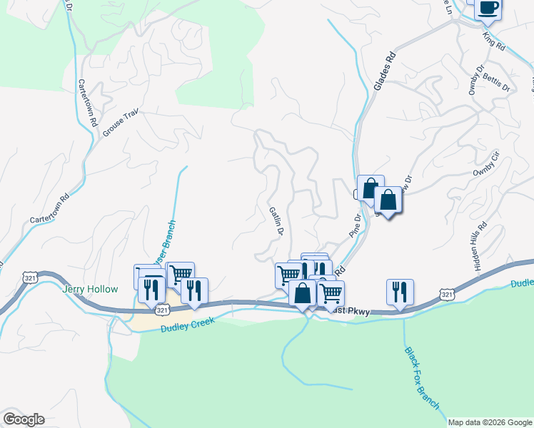map of restaurants, bars, coffee shops, grocery stores, and more near 410 Gatlin Drive in Gatlinburg