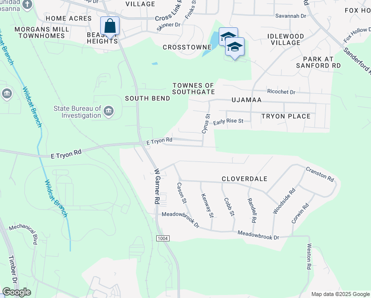 map of restaurants, bars, coffee shops, grocery stores, and more near 3758 Burtons Barn Street in Raleigh