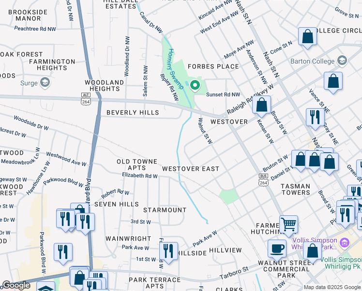 map of restaurants, bars, coffee shops, grocery stores, and more near 508 Westover Avenue West in Wilson