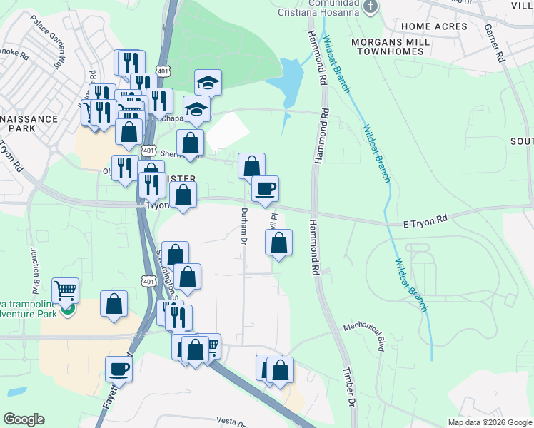 map of restaurants, bars, coffee shops, grocery stores, and more near 201 Tryon Road in Raleigh