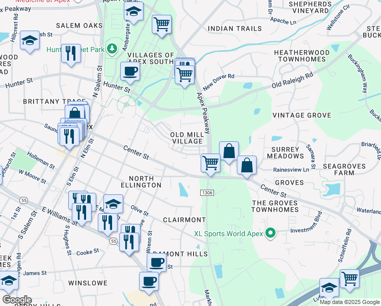 map of restaurants, bars, coffee shops, grocery stores, and more near 219 Grindstone Drive in Apex