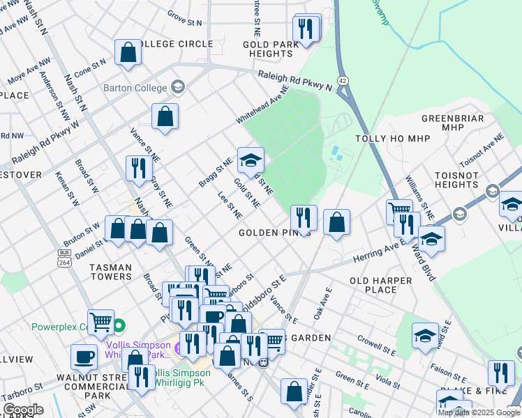map of restaurants, bars, coffee shops, grocery stores, and more near 506 Maplewood Avenue Northeast in Wilson