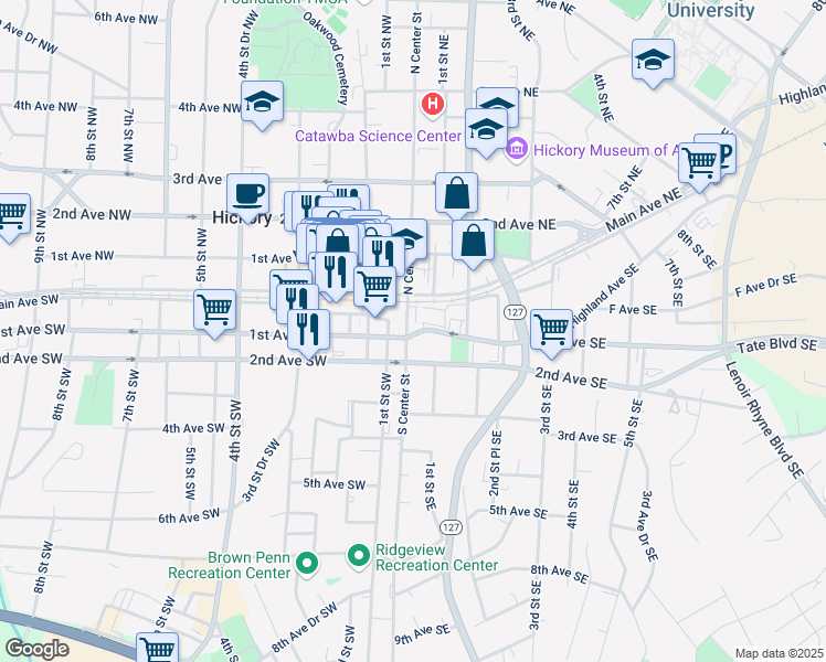 map of restaurants, bars, coffee shops, grocery stores, and more near 27 1st Avenue Southeast in Hickory