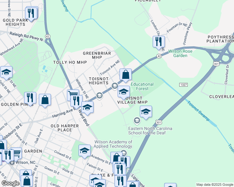 map of restaurants, bars, coffee shops, grocery stores, and more near 1004 Herring Avenue East in Wilson