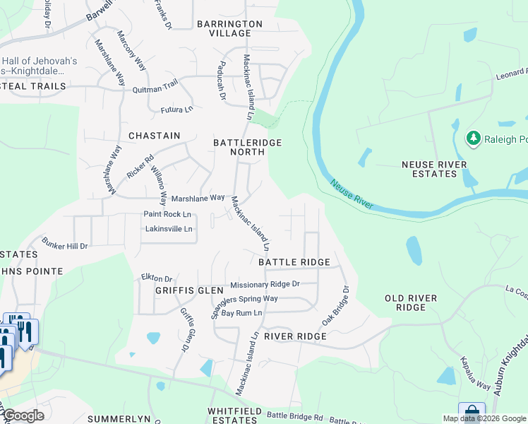 map of restaurants, bars, coffee shops, grocery stores, and more near 3816 Moncacy Court in Raleigh