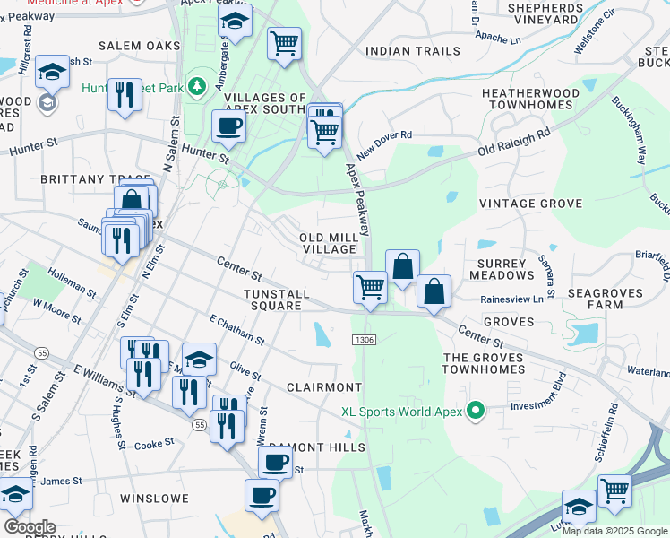 map of restaurants, bars, coffee shops, grocery stores, and more near 219 Grindstone Drive in Apex