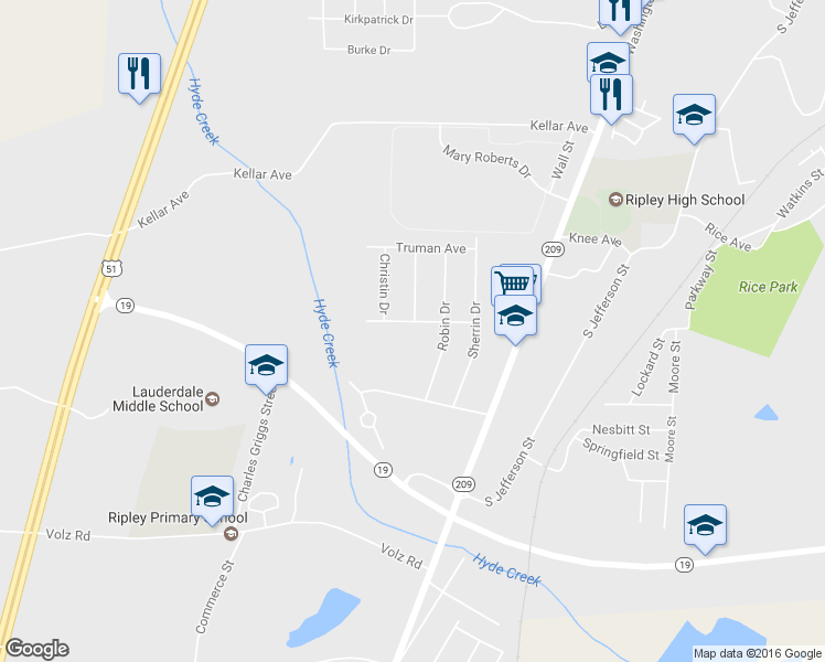 map of restaurants, bars, coffee shops, grocery stores, and more near 308 Wayne Avenue in Ripley