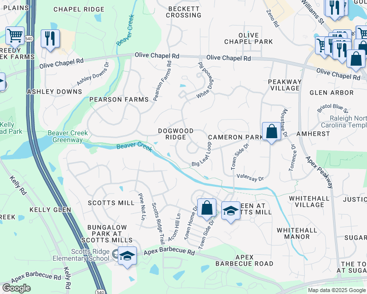 map of restaurants, bars, coffee shops, grocery stores, and more near 1406 Willow Leaf Way in Apex