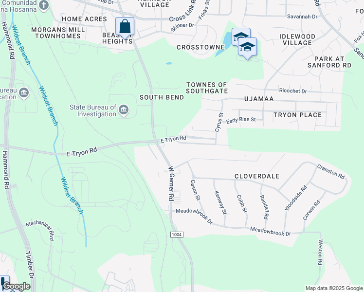 map of restaurants, bars, coffee shops, grocery stores, and more near 3722 Burtons Barn Street in Raleigh