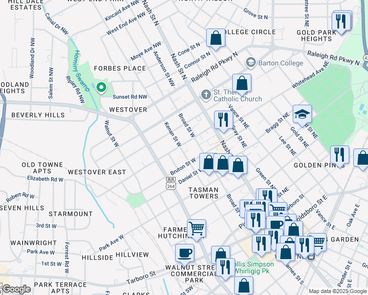 map of restaurants, bars, coffee shops, grocery stores, and more near 206 Warren Street West in Wilson
