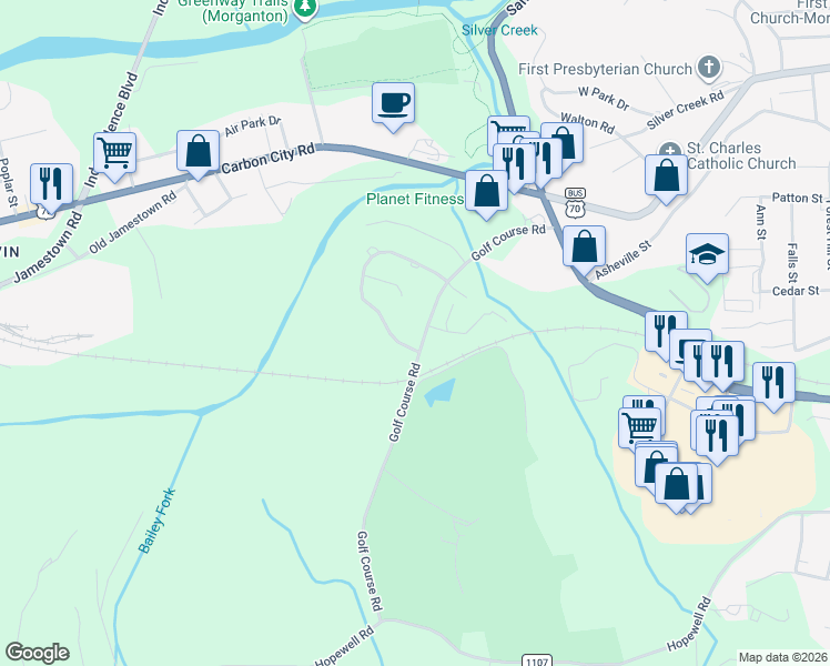 map of restaurants, bars, coffee shops, grocery stores, and more near 318 Golf Course Road in Morganton