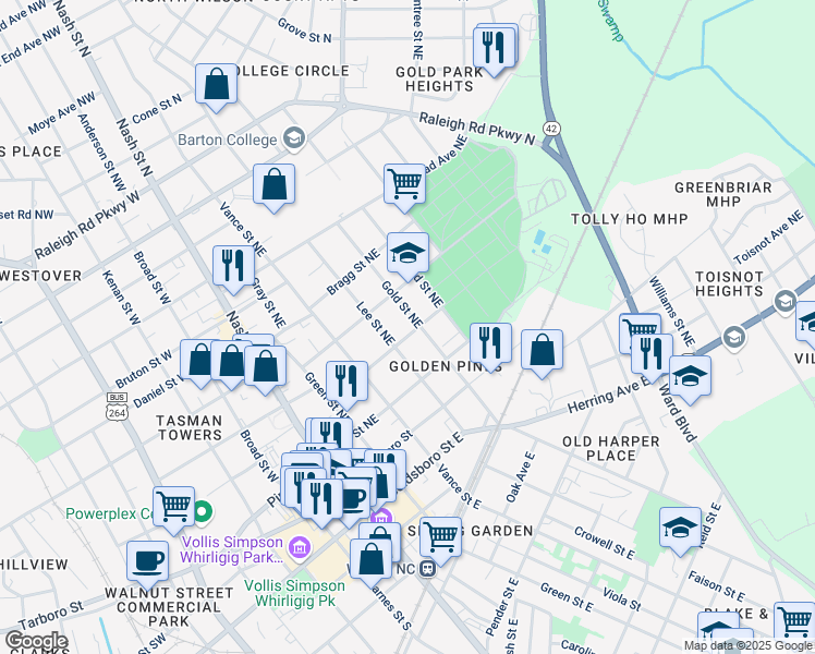 map of restaurants, bars, coffee shops, grocery stores, and more near 407 Maplewood Avenue Northeast in Wilson