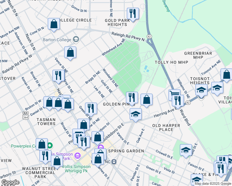 map of restaurants, bars, coffee shops, grocery stores, and more near 506 Maplewood Avenue Northeast in Wilson