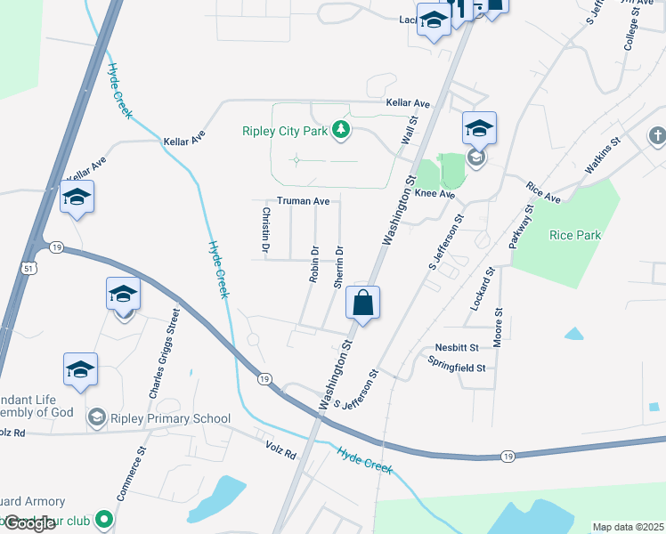 map of restaurants, bars, coffee shops, grocery stores, and more near 319 Sherrin Drive in Ripley