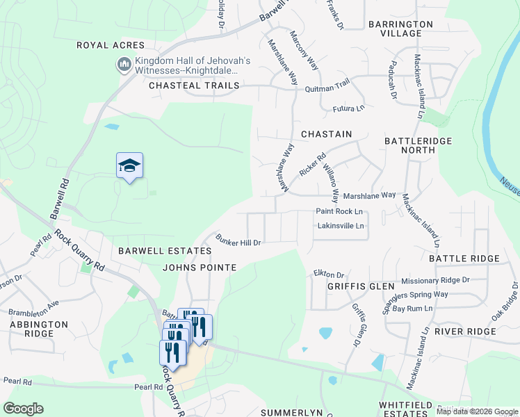 map of restaurants, bars, coffee shops, grocery stores, and more near 5816 Ricker Road in Raleigh