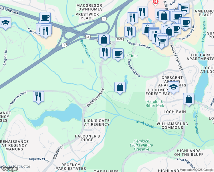 map of restaurants, bars, coffee shops, grocery stores, and more near 3700 Regency Parkway in Cary