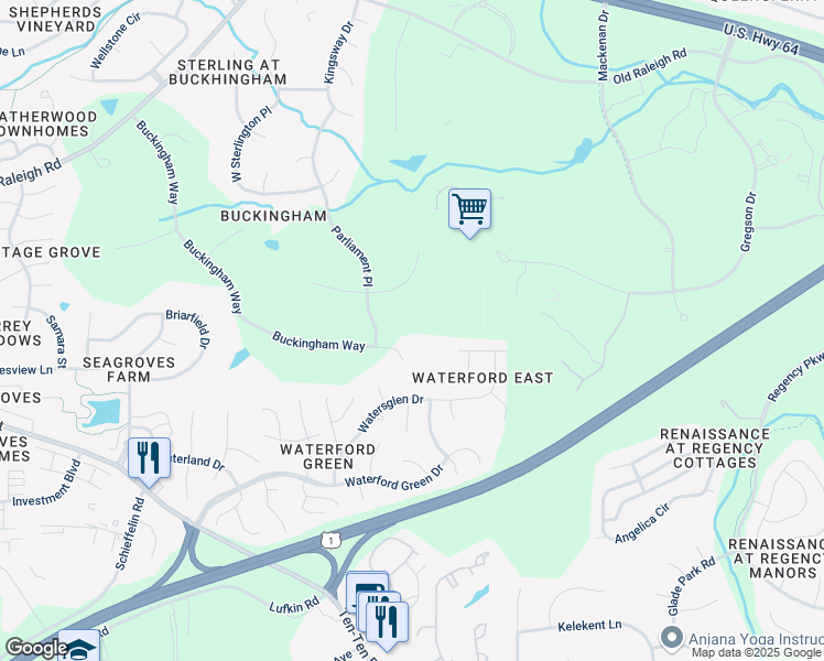 map of restaurants, bars, coffee shops, grocery stores, and more near 1002 East Lady Diana Court in Apex