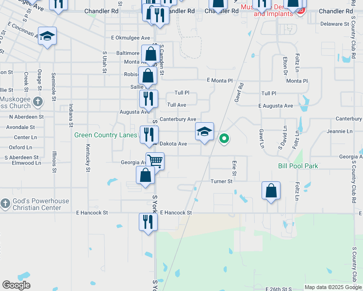 map of restaurants, bars, coffee shops, grocery stores, and more near 2424 Dakota Avenue in Muskogee