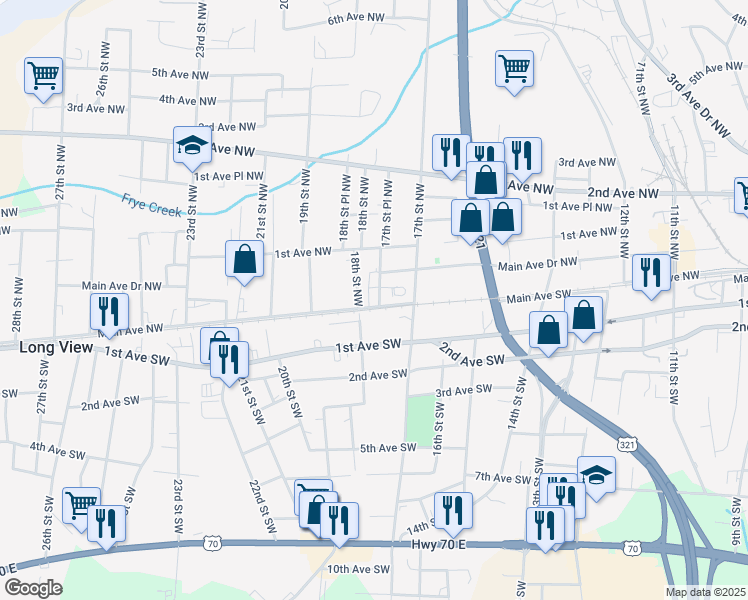 map of restaurants, bars, coffee shops, grocery stores, and more near 9 17th Street Place Northwest in Hickory