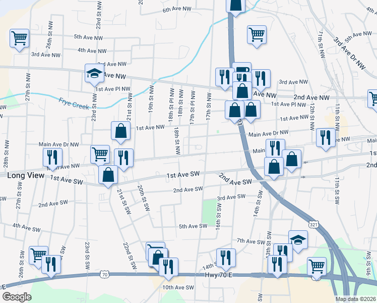 map of restaurants, bars, coffee shops, grocery stores, and more near 9 17th Street Place Northwest in Hickory